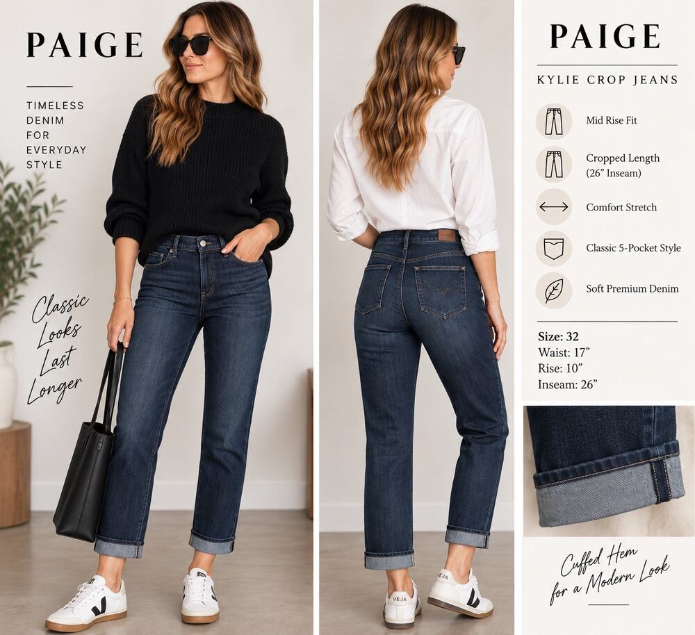 PAIGE Kylie Crop Jeans Tonal Duncan Dark Wash Cuffed Size 32 NWOT